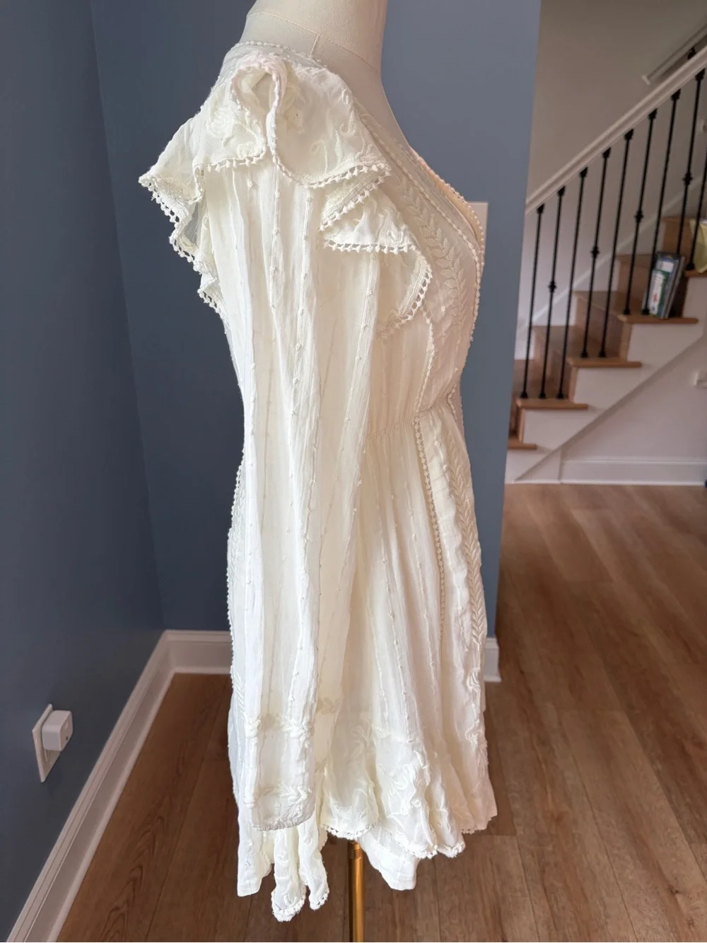 Free People Isabella Mini Dress Ivory Embroidered Ruffle Boho Size 0